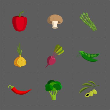 Gri arka plan üzerinde renkli sebze Icon Set