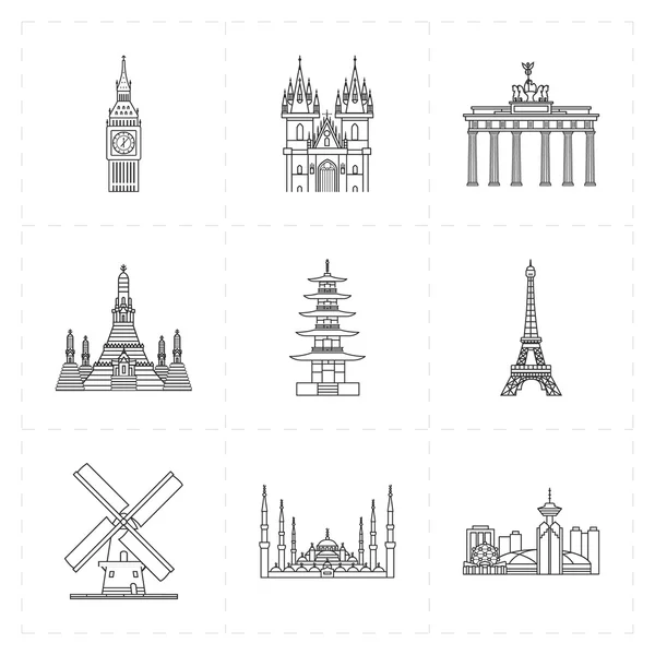 9 platte landmark pictogrammen — Stockvector