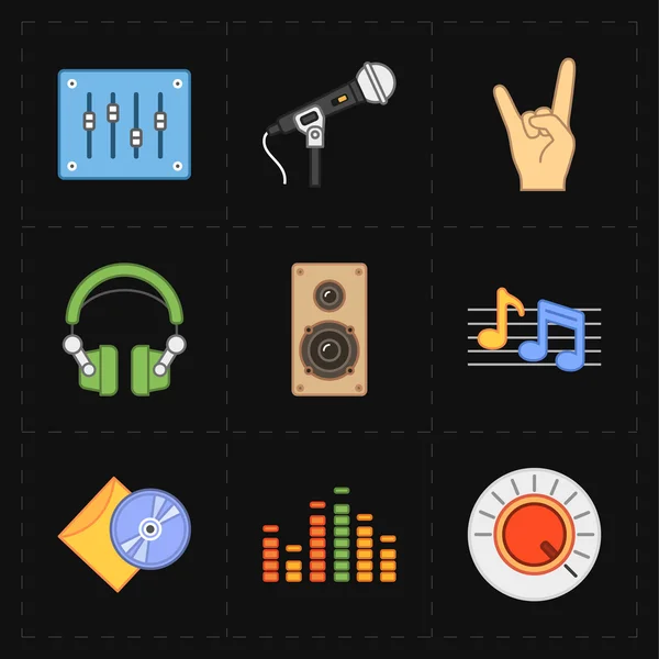 9 icônes universelles de musique plate — Image vectorielle