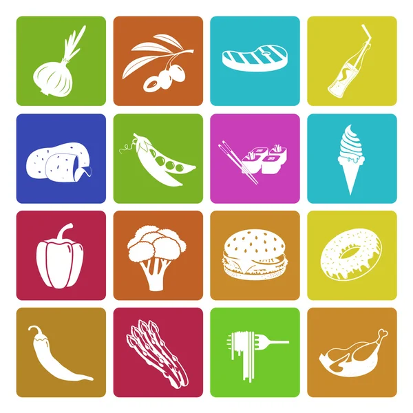 Разноцветные продукты питания и набор иконок — стоковый вектор