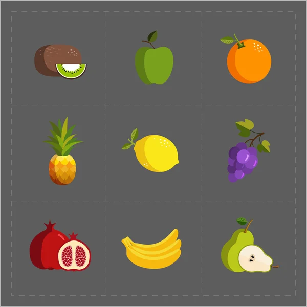 Kleurrijke Fruit Icon Set op grijze achtergrond — Stockvector