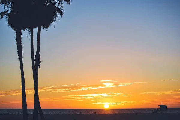 Pôr Sol Praia Com Silhueta Palmeiras Cabana Salva Vidas Fundo — Fotografia de Stock