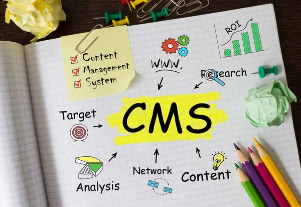 Notebook with Toolls and Notes about CMS,concept — Stock Photo, Image