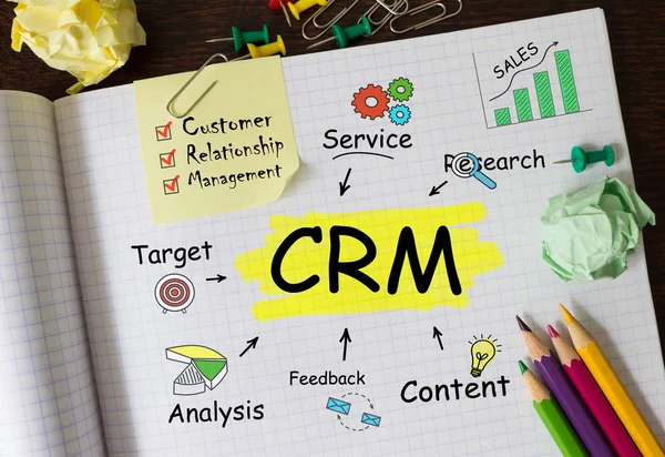 Notebook com ferramentas e notas sobre CRM, conceito — Fotografia de Stock