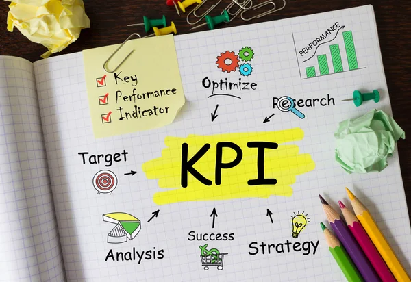 Notebook com Toolls e Notas sobre KPI, conceito — Fotografia de Stock