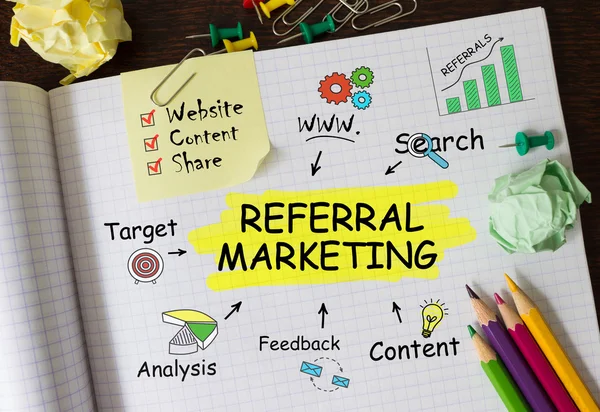 Notebook with Toolls and Notes about Referral Marketing,concept — Stock Photo, Image