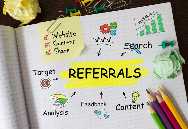 Notebook with Toolls and Notes about Referrals, concept — Stock Photo, Image