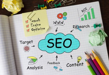 SEO hakkında Araçlar ve Notlar içeren Not Defteri, konsept