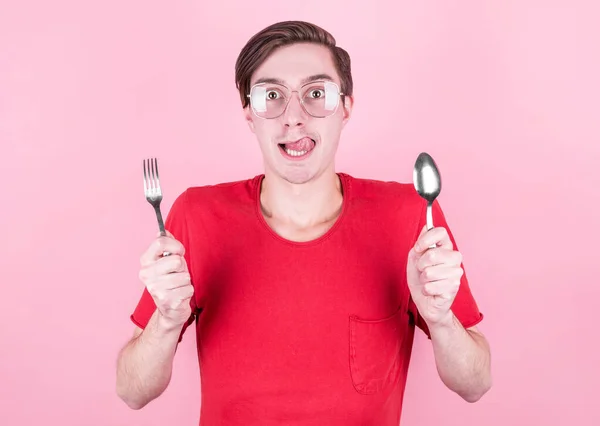 Hungry Man Holds Fork Spoon His Hands Thinks Delicious Food — Stock Photo, Image