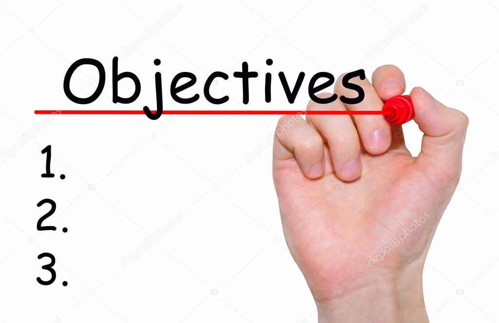 Hand writing Objectives with red marker on transparent wipe board.
