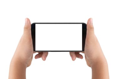 Beyaz arka planda el ele tutuşan akıllı telefon, teknoloji konsepti