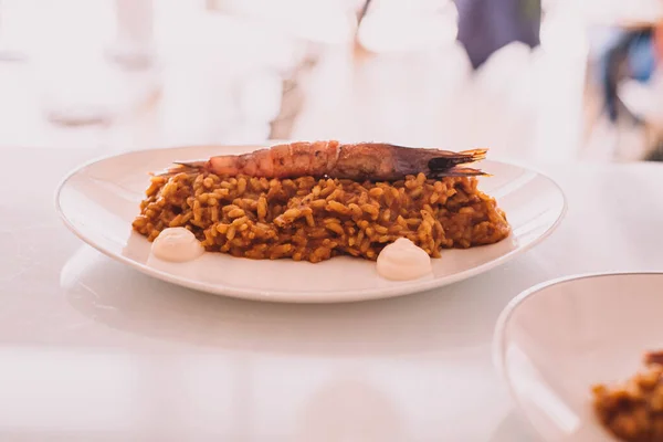 Delicioso Prato Gourmet Arroz Com Lagosta Camarão Noruega — Fotografia de Stock