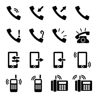 Beyaz arka plan üzerinde siyah vektör telefon Icons set