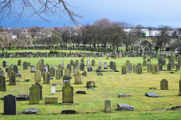 Güneşli bir gün, yeşil çimen, park Liverpool İngiliz eski mezarlık peyzaj