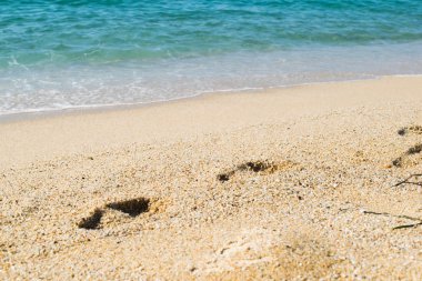 Kumsaldaki ayak izleri, arka planda deniz, sahil