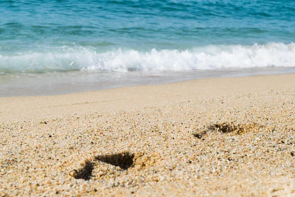 Kumsaldaki ayak izleri, arka planda deniz, sahil
