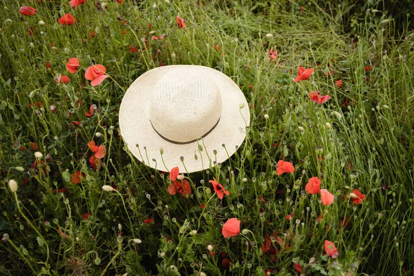 Summer Hat Poppies Field Summer Mood — Stock Photo, Image