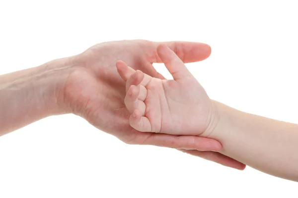 Anne ve bebek eller üzerinde beyaz izole — Stok fotoğraf