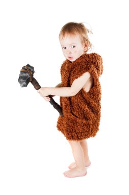Funny boy caveman in a suit with dirty face holding an ax.  clipart