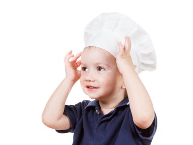 Küçük çocuk aşçı pizza. Beyaz izole kapatmak