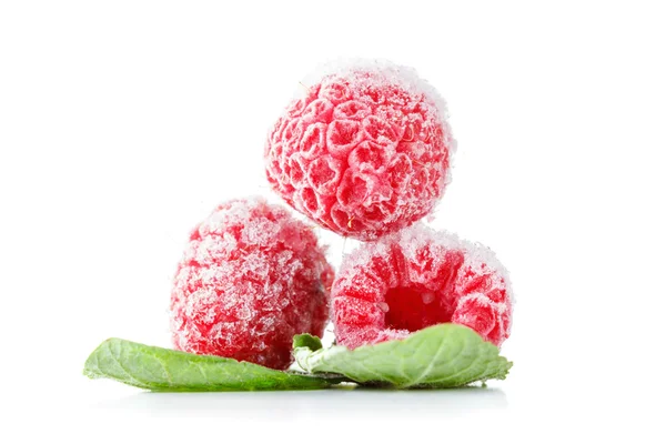 Frozen raspberries with mint leaves isolated on white — Stock Photo, Image