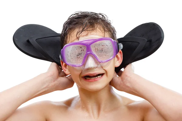 Boy diver in swimming mask with a happy face close-up portrait, isolated on white — Stock Photo, Image