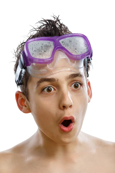 Boy diver in swimming mask with a happy face close-up portrait, isolated on white — Stock Photo, Image