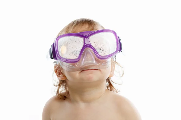 Baby diver in swimming mask with a happy face close-up portrait, on white — Stock Photo, Image