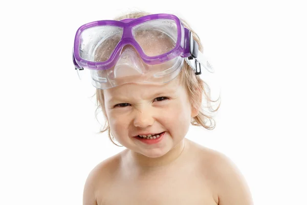 Baby diver in swimming mask with a happy face close-up portrait, on white — Stock Photo, Image