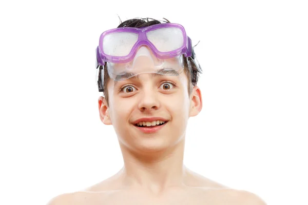 Boy in swimming mask with a happy face portrait, isolated on white — Stock Photo, Image