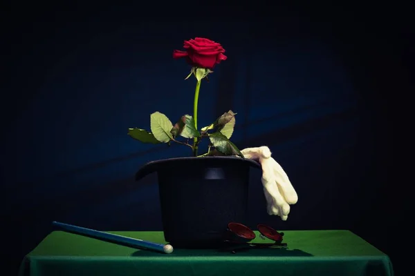 Sombrero Mago Mágico Actuación Mesa Rosas Rojas Misterio Tela — Foto de Stock