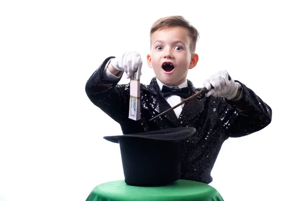 Niño Mago Ilusionista Con Sombrero Espectáculo Magia Disfraz Ilusión Aislado —  Fotos de Stock