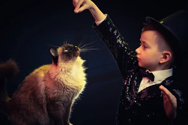 Cat Magician Kid Illusionistische Jongen Met Hoed Goochelshow Jong Geïsoleerd — Stockfoto