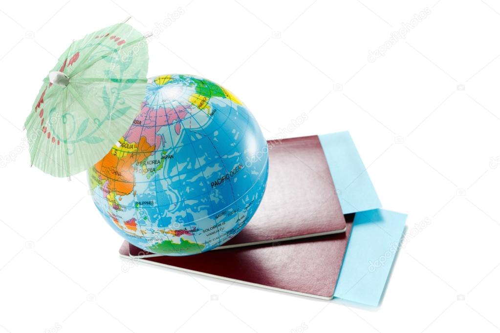 Passports, tickets, globe as a vacation concept. Summer journey preparation. Holidays, checking documents, choosing destination point, having fun.