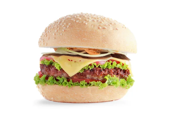 Hambúrguer de queijo com carne e tomate isolado em fundo branco — Fotografia de Stock