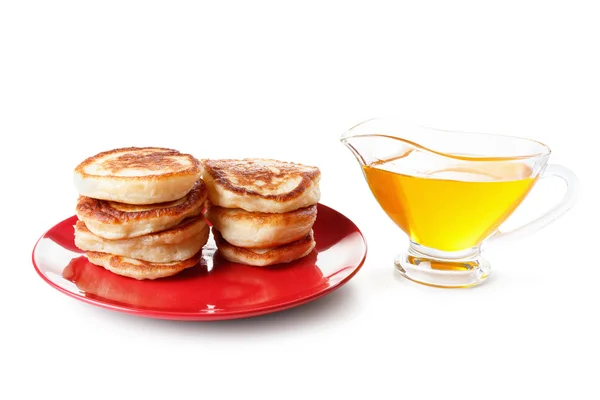 Stack of pancakes, syrup isolated on white background — Stock Photo, Image