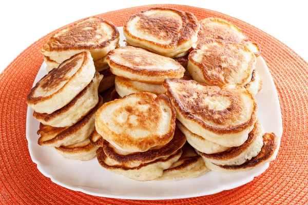 Domestic, lush Pancakes on a plate, isolated white — Stock Photo, Image