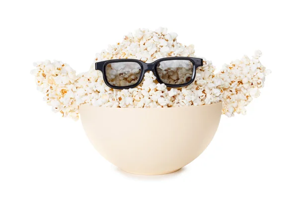 Lächelndes Popcorn-Monster, Gläser. isoliert auf weiß — Stockfoto