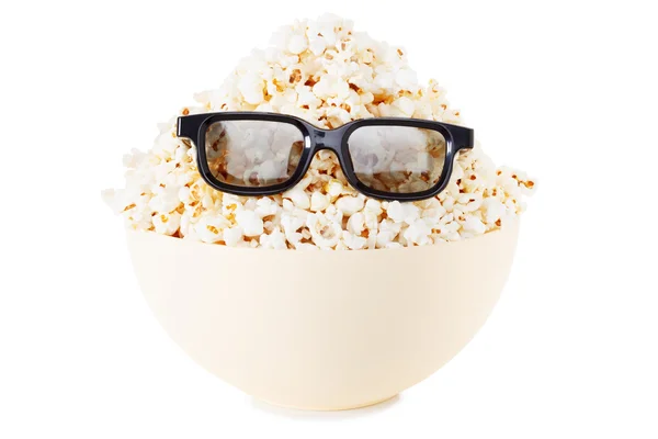 Volles Gesicht lächelndes Popcorn-Monster, Gläser. isoliert auf weiß — Stockfoto
