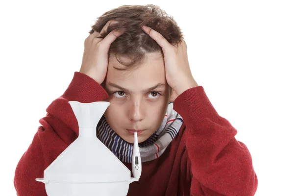 Boy with the thermometer preparing for treatment procedures — Stock Photo, Image