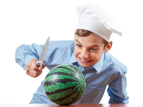 Young cheerful teenager guffaw, laugh loud and humor in a chef's hat. Isolated studio — Stock Photo, Image