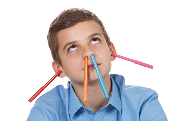 Happy teen. Pencils mess at home. Funny way to have fun. — Stock Photo, Image