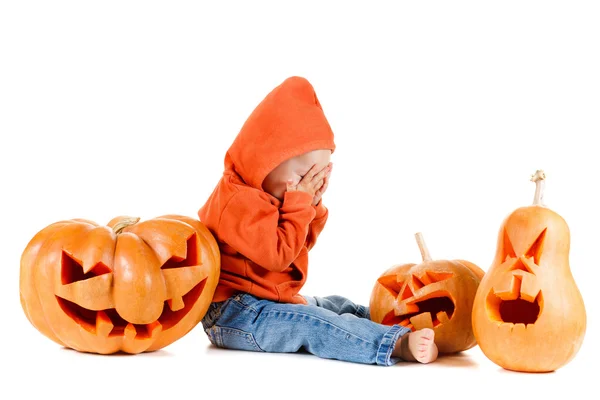 Baby and Halloween pumpkin. Isolated on white background — Stock Photo, Image