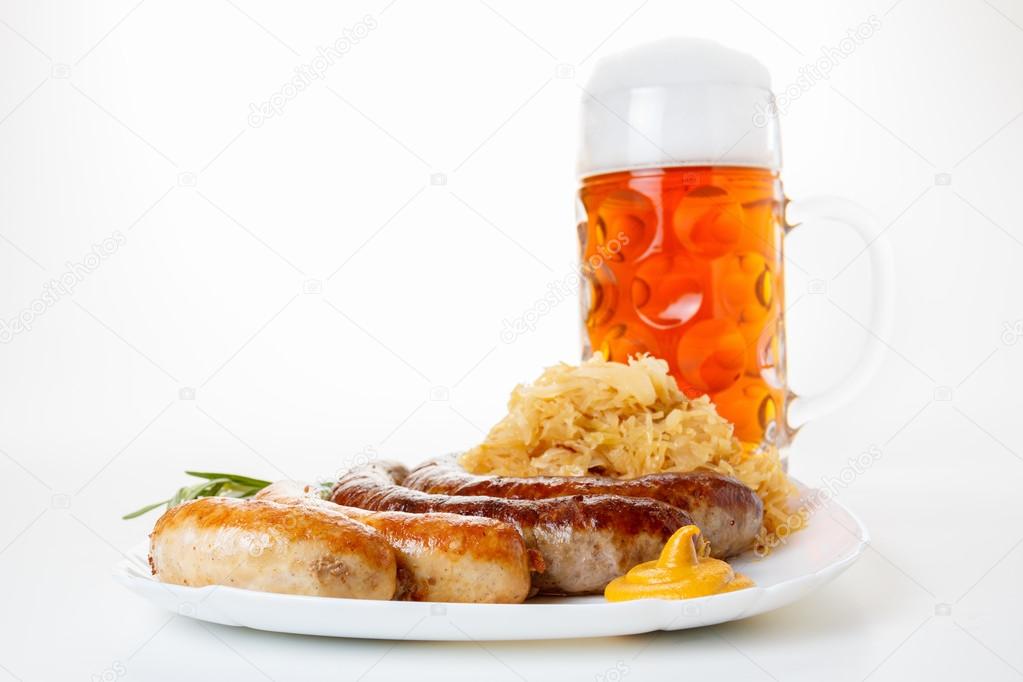 Oktoberfest menu, beer mug, a plate of sausages and sauerkraut