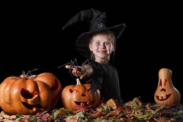 Little witch enthusiastically holding a spider. Halloween. — Stock Photo, Image