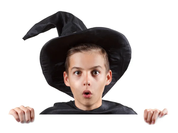 Teen boy in carnival costume wizard. Isolated on white — Stock Photo, Image