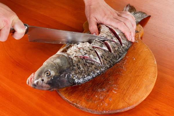 Cutting fresh fish carp before baking — Stock Photo, Image