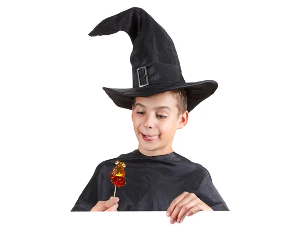 Helloween boy with a big smile in fancy dress. Isolated image — Stock Photo, Image