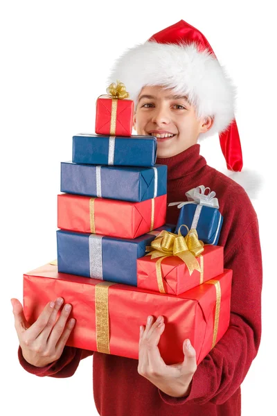 Санта принес рождественские подарки и веселую улыбку. Изолированный на белом фоне — стоковое фото