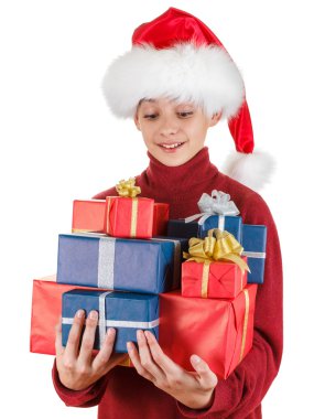 Noel Baba Noel hediye getirdim ve gülümseyerek. Beyaz izole